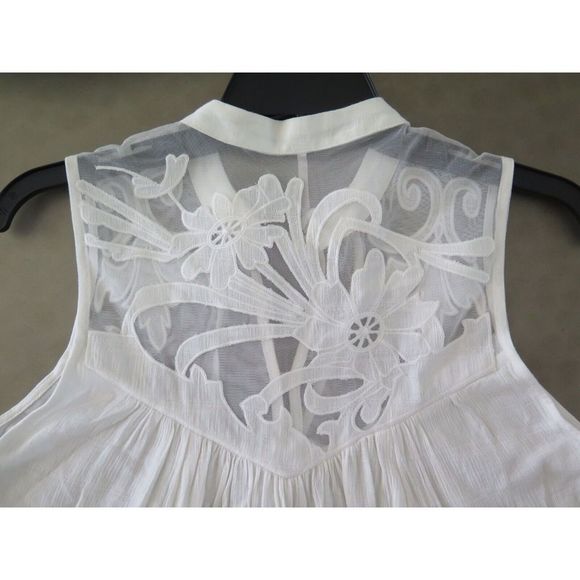 Free People Boho Lace Blouse Top w/Button & Tie Collar Ivory $85 - Picture 6 of 7